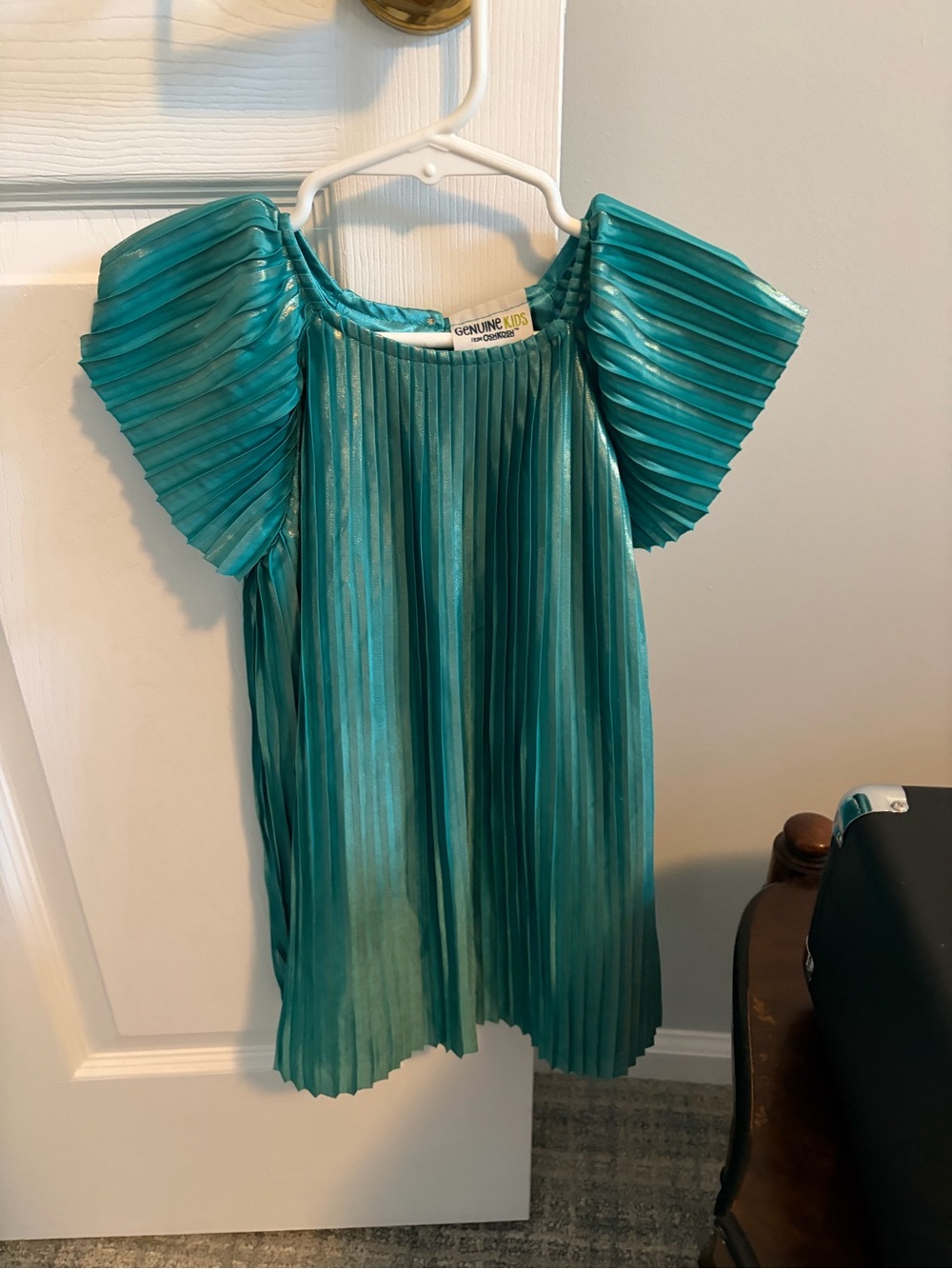 OshKosh B'gosh Teal Pleated Flutter-Sleeve Liquid Gold Girls Top or Dress EUC